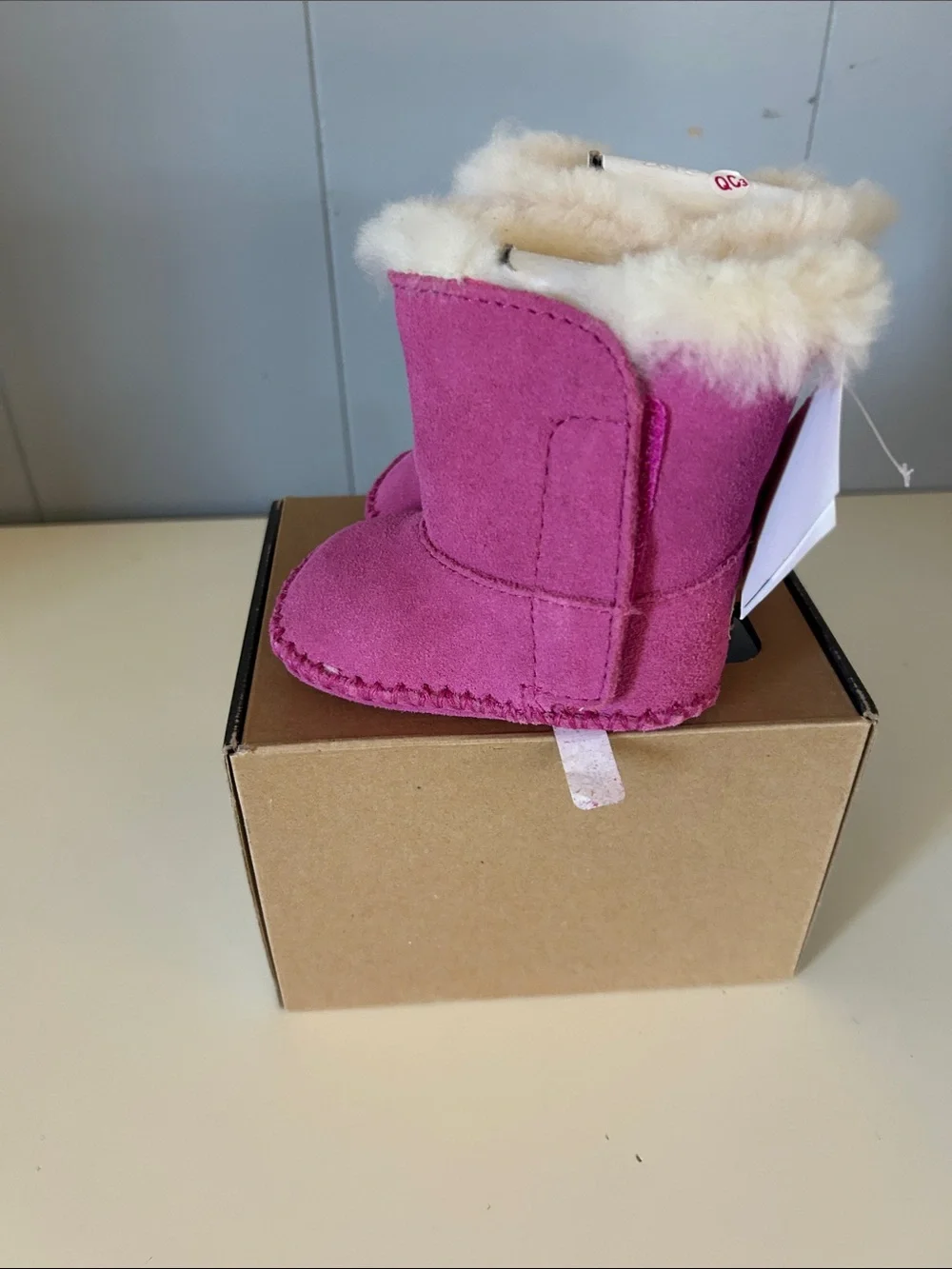 UGG Pink Suede Infant Booties with Shearling Cuff
